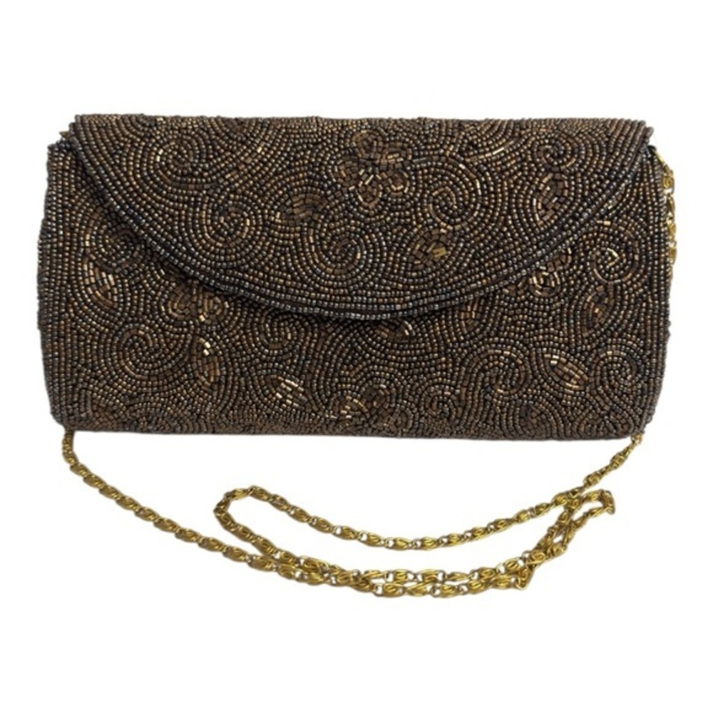 Moyna Beaded Clutch Handbag Brown Gold Swirl Pattern Chain Strap Evening Bag